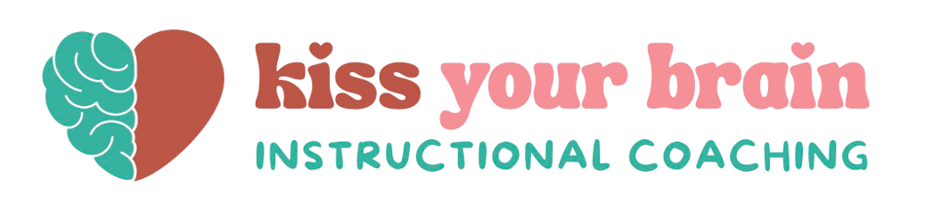 a logo that says kiss your brain in red and pink hues with the words instructional coaching underneath in teal. a heart shape is to the left of the words with half of the heart shaped like a brain